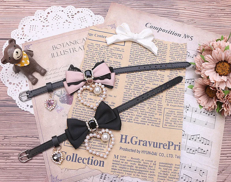 Sweet Princess Style Cute Pink Black Bow Heart Necklace ON642