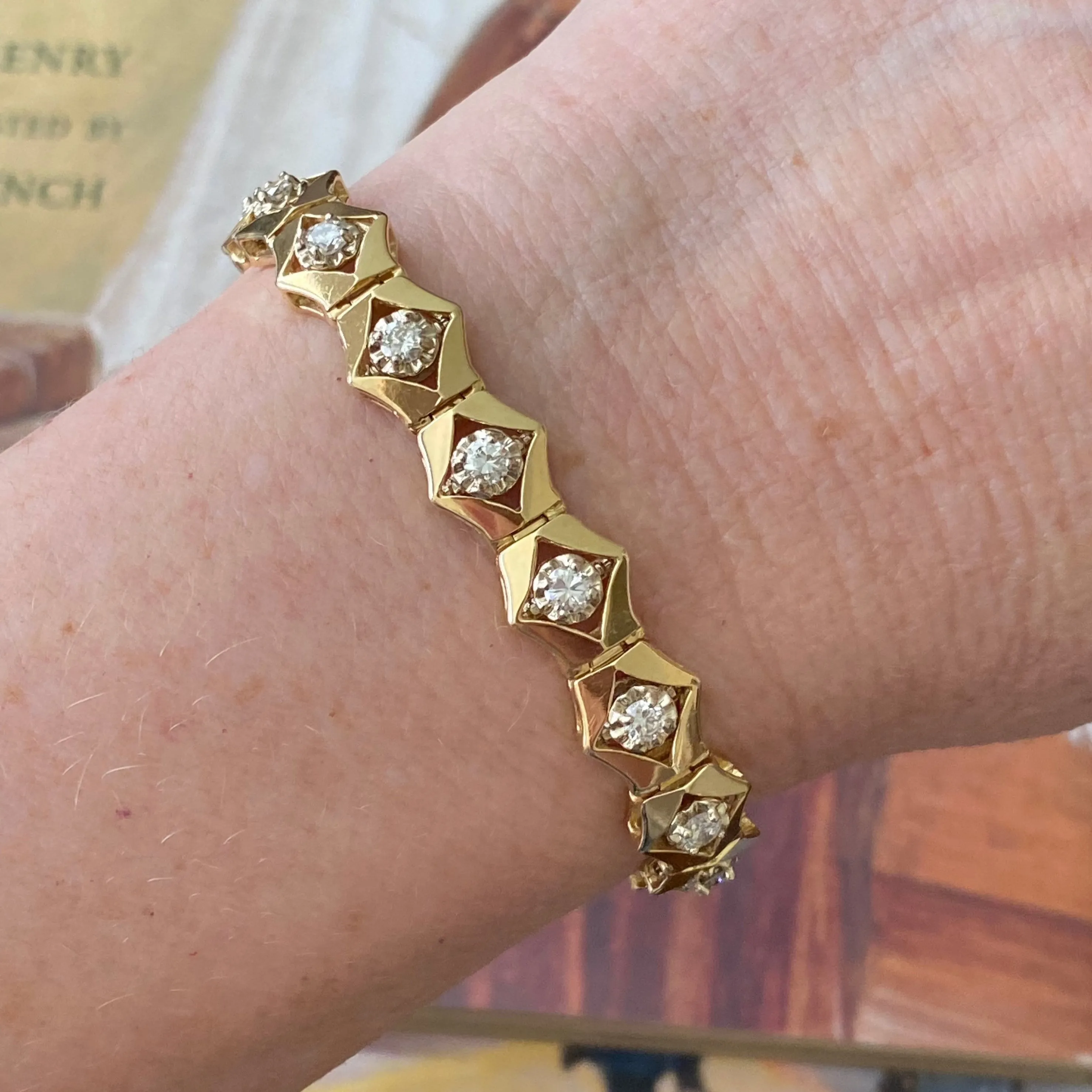 Vintage 14K Yellow Gold Hexagonal Links Diamond Bracelet