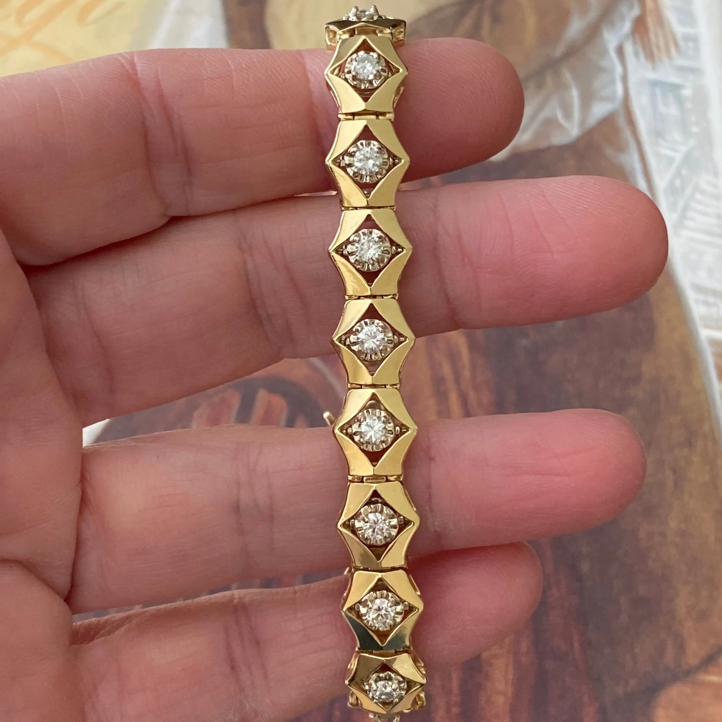 Vintage 14K Yellow Gold Hexagonal Links Diamond Bracelet