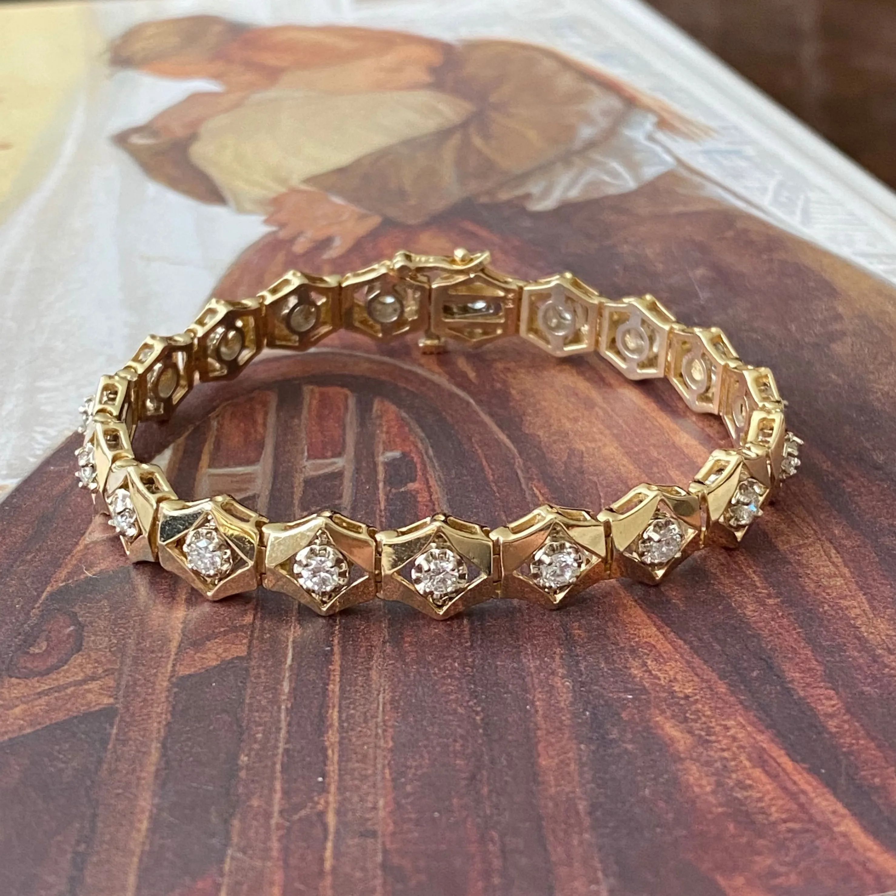 Vintage 14K Yellow Gold Hexagonal Links Diamond Bracelet