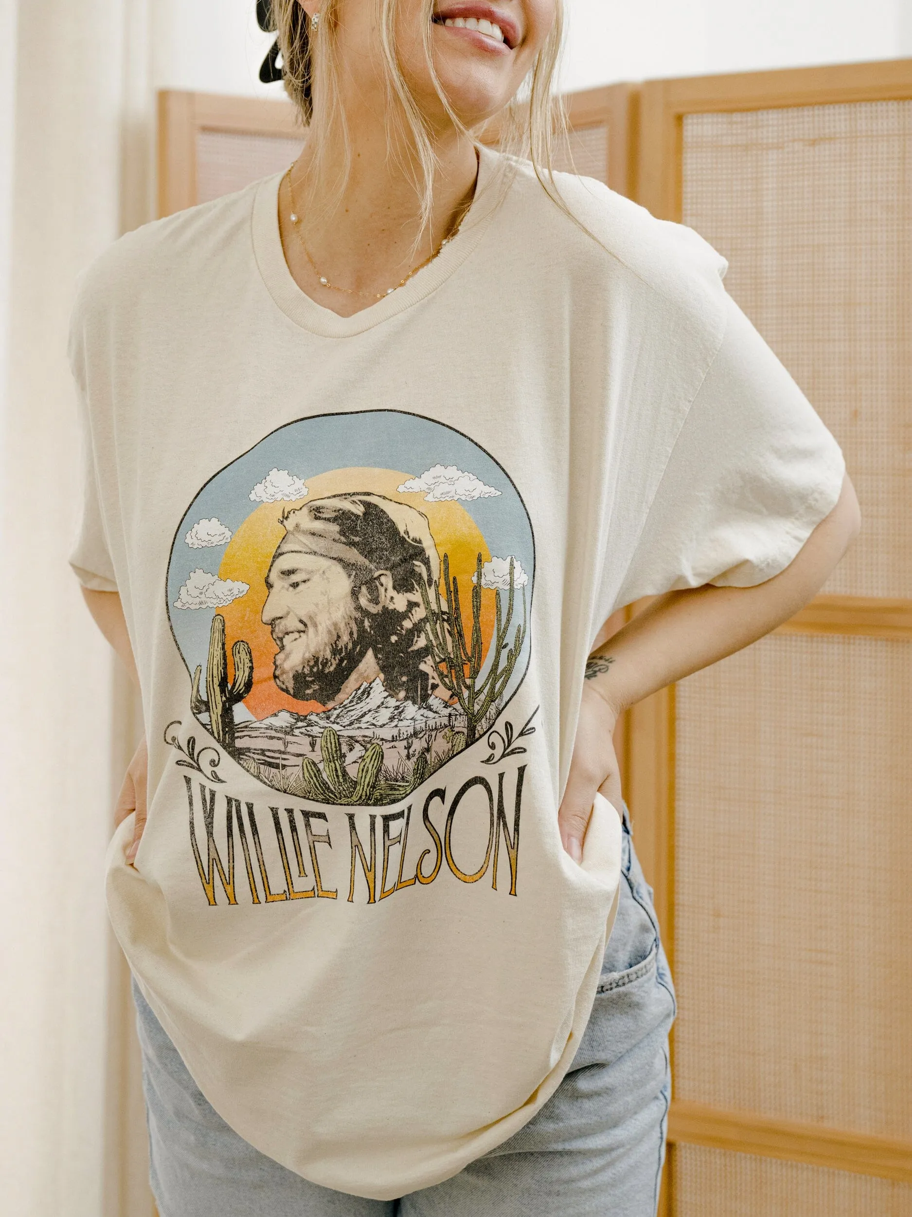 Willie Nelson In The Sky Off White Thrifted Tee